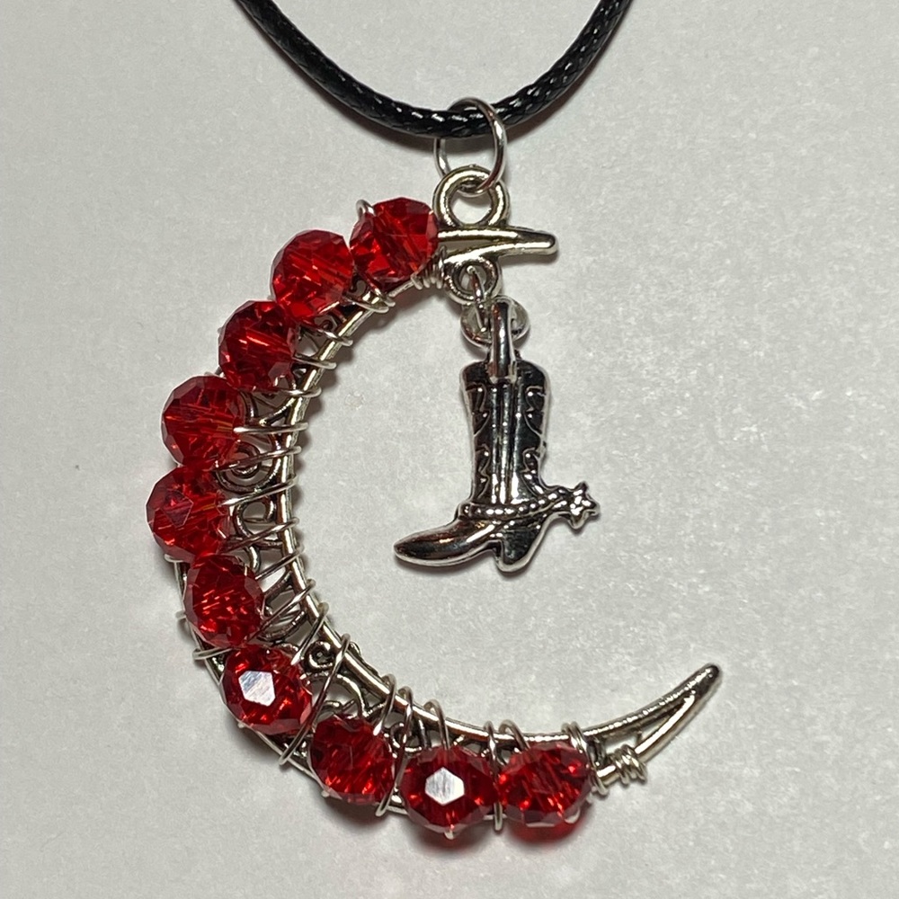 Handmade Red beaded Moon with a silver detailed Cowboy Boot